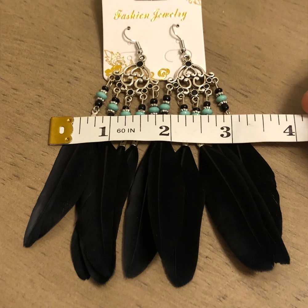 Black Feather Bohemian Dangle Earrings With Blue Beads Fashion Jewelry